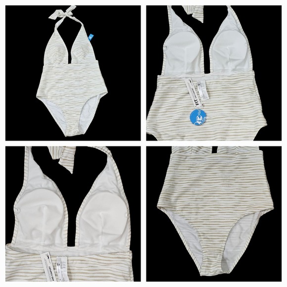 Cupshe One Piece Bathing Suit Size M Tan/White Gold Glitter - Picture 1 of 9